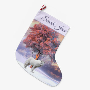 White Wolf in Winter   Pink Christmas Stocking