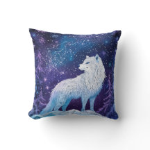 White wolf in winter with magical starry sky