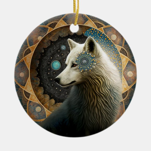 White Wolf Mandala Ceramic Ornament (Front)