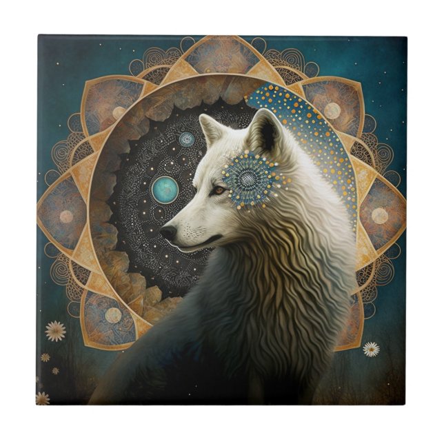 White Wolf Mandala Ceramic Tile (Front)