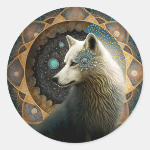 White Wolf Mandala Classic Round Sticker