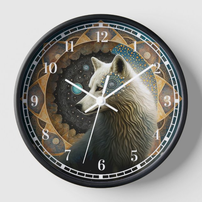 White Wolf Mandala Clock (Front)