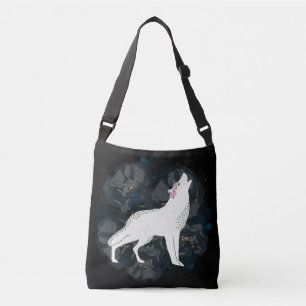 White Wolf on Circle of Black Roses Crossbody Bag
