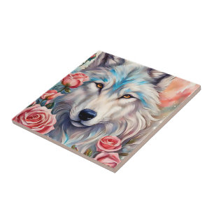 white wolf pink rose flowers animal nature art ceramic tile