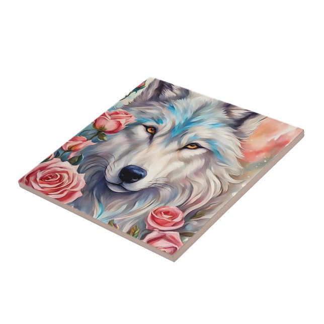 white wolf pink rose flowers animal nature art ceramic tile (Side)