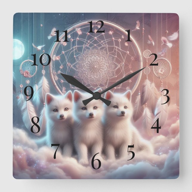 White Wolf Pups and Dreamcatcher  Square Wall Clock (Front)