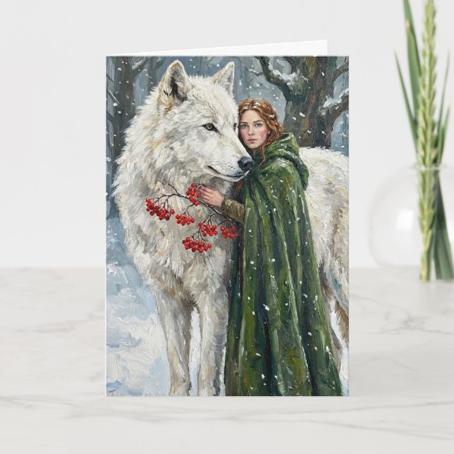 White Wolf Redhead Druid Winter Berries Fantasy Ar Card (Front)