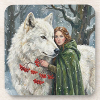 White Wolf Redhead Druid Winter Berries Fantasy Ar