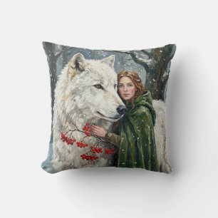 White Wolf Redhead Druid Winter Berries Fantasy Ar Cushion