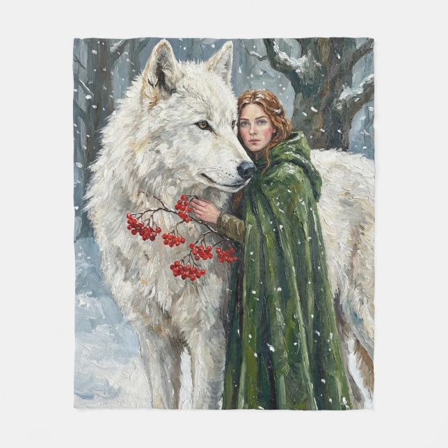 White Wolf Redhead Druid Winter Berries Fantasy Ar Fleece Blanket (Front)