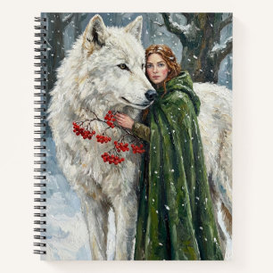 White Wolf Redhead Druid Winter Berries Fantasy Ar Notebook