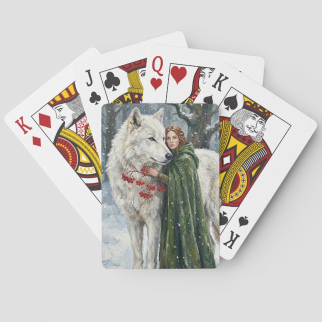 White Wolf Redhead Druid Winter Berries Fantasy Ar Playing Cards (Back)