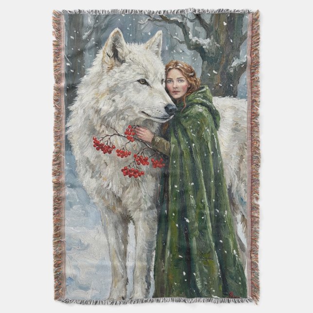 White Wolf Redhead Druid Winter Berries Fantasy Ar Throw Blanket (Front Vertical)