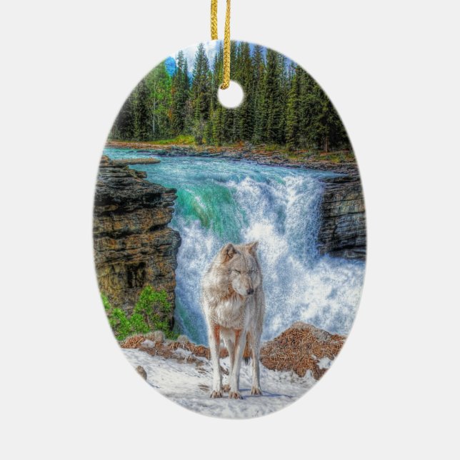White Wolf & Rocky Mountain Waterfall Wildlife Art Ceramic Ornament (Back)