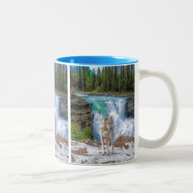 White Wolf & Rocky Mountain Waterfall Wildlife Art Two-Tone Coffee Mug (Right)