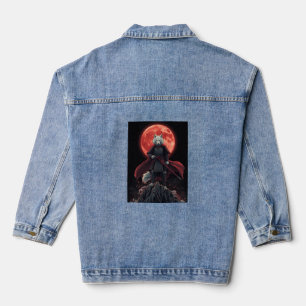 White Wolf Samurai Under the Crimson Blood Moon Denim Jacket