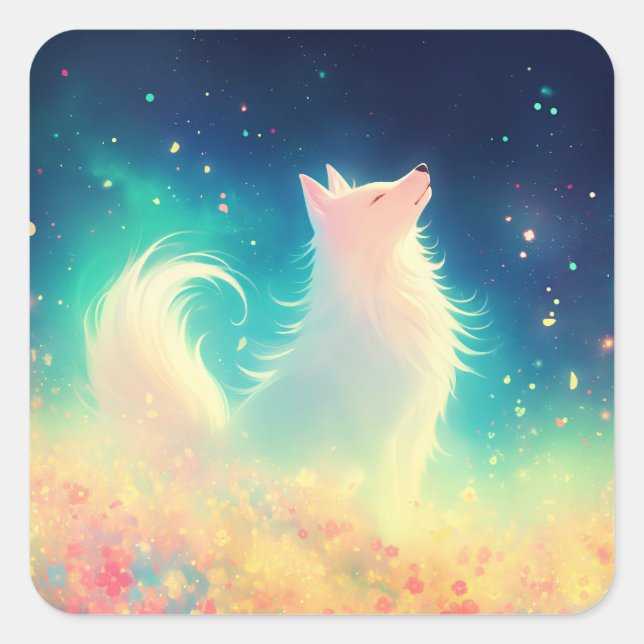 White Wolf Standing in Vibrant Colourful Wildflowe Square Sticker (Front)
