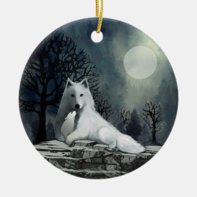 White Wolf with Pup Ornament (Front)
