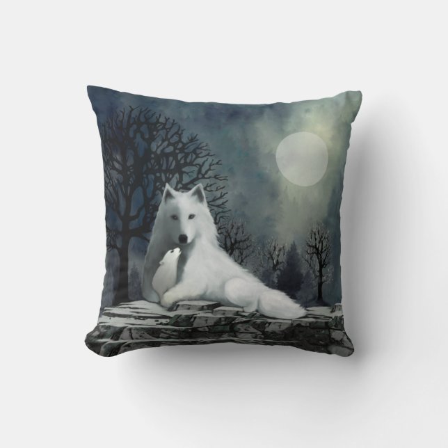White Wolf with Pup Pillow (Front)
