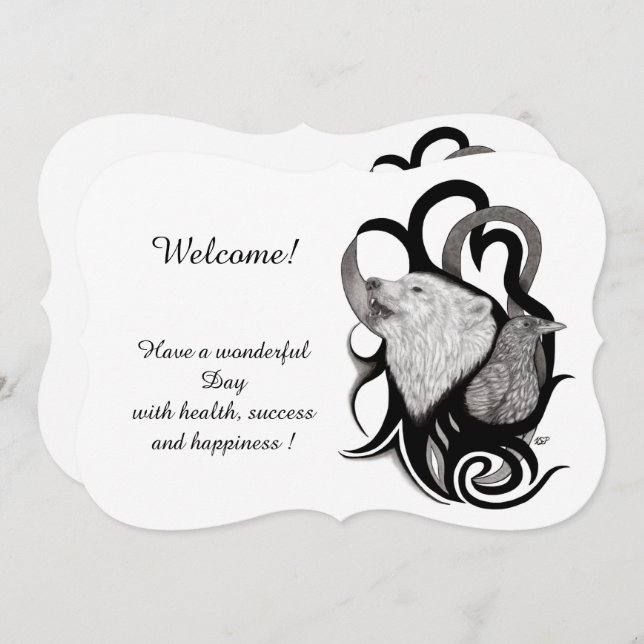 White Wolf with Raven , Add Your Text Invitation (Front/Back)