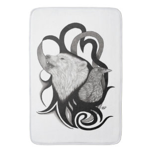 White Wolf with Raven Tribal Art Bath Mat