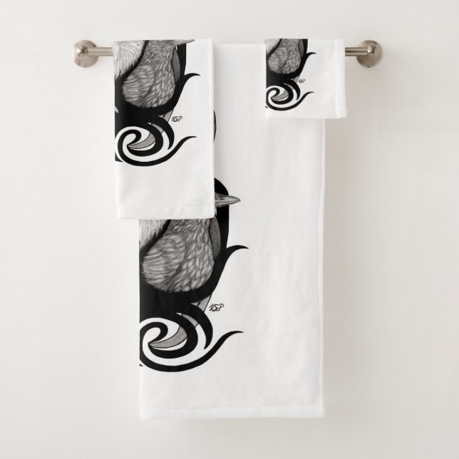 White Wolf with Raven Tribal Art Bath Towel Set (Insitu)