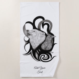 White Wolf with Raven Tribal Art Beach Towel