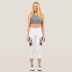 White Wolf with Raven Tribal Art Capri Leggings