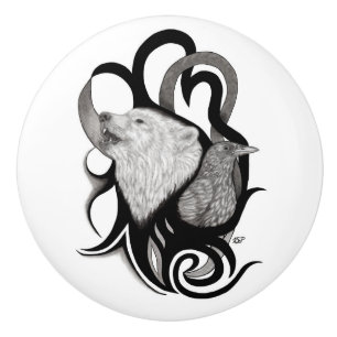 White Wolf with Raven Tribal Art Ceramic Knob