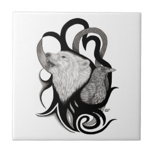 White Wolf with Raven Tribal Art Ceramic Tile