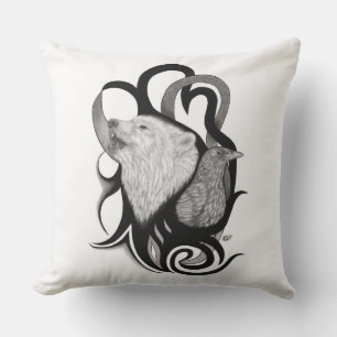 White Wolf with Raven Tribal Art Cushion
