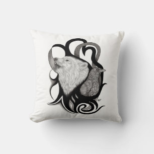 White Wolf with Raven Tribal Art Cushion