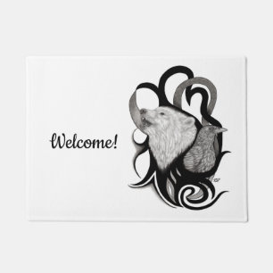 White Wolf with Raven Tribal Art Doormat