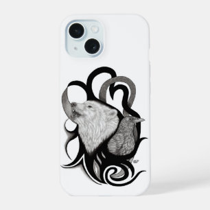 White Wolf with Raven Tribal Art iPhone 15 Case