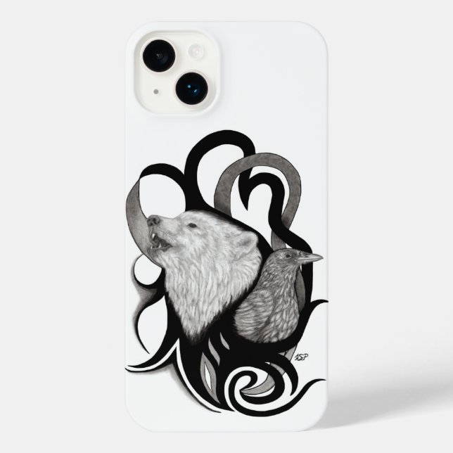 White Wolf with Raven Tribal Art iPhone Case (Back)