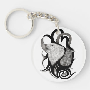 White Wolf with Raven Tribal Art Key Ring