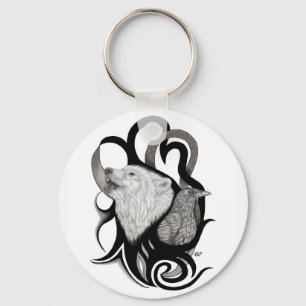 White Wolf with Raven Tribal Art Key Ring