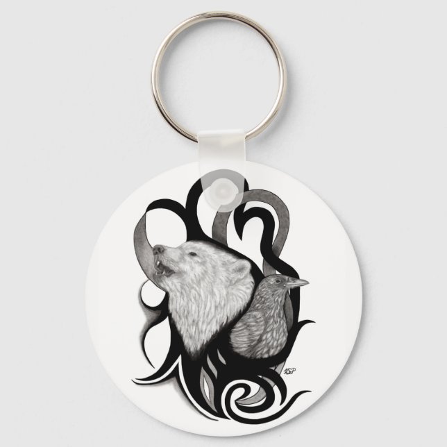 White Wolf with Raven Tribal Art Key Ring (Front)