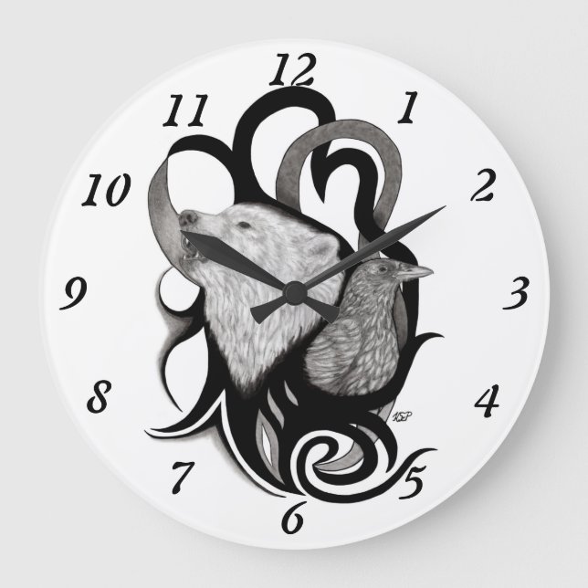 White Wolf with Raven Tribal Art Large Clock (Front)