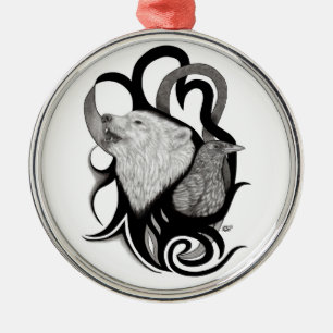 White Wolf with Raven Tribal Art Metal Ornament