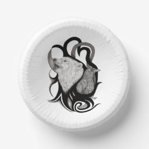White Wolf with Raven Tribal Art Paper Plate