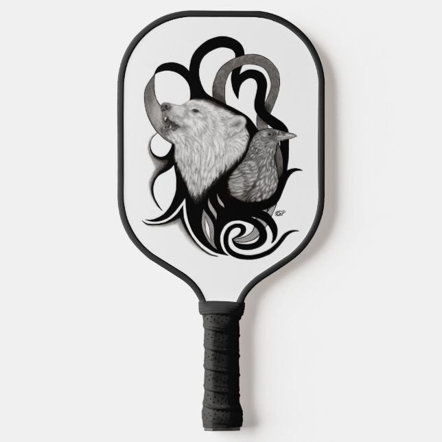 White Wolf with Raven Tribal Art Pickleball Paddle (Front)