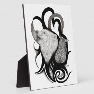 White Wolf with Raven Tribal Art Plaque