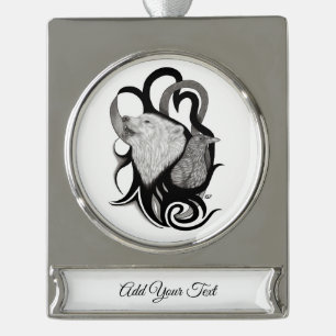 White Wolf with Raven Tribal Art Silver Plated Banner Ornament