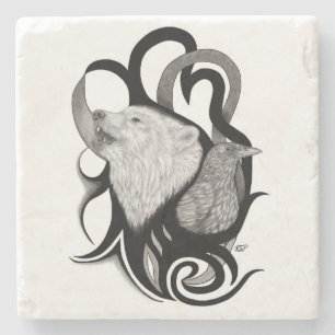 White Wolf with Raven Tribal Art Stone Coaster
