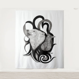 White Wolf with Raven Tribal Art Tapestry