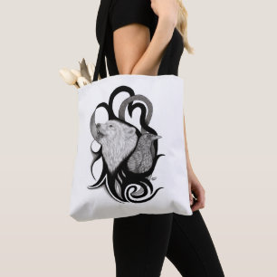White Wolf with Raven Tribal Art Tote Bag