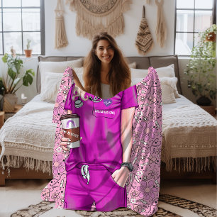 White Woman Nurse Doctor in Pink Scrubs Sherpa Blanket