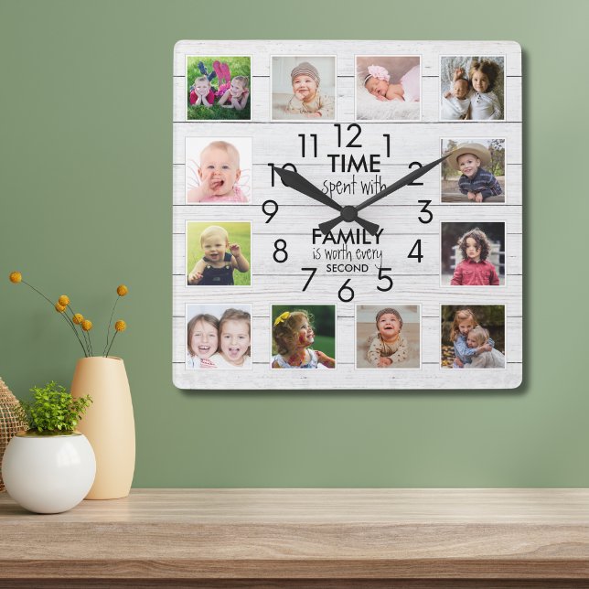 White Wood 12 Photo Collage Family Time Quote   Square Wall Clock (Creator Uploaded)