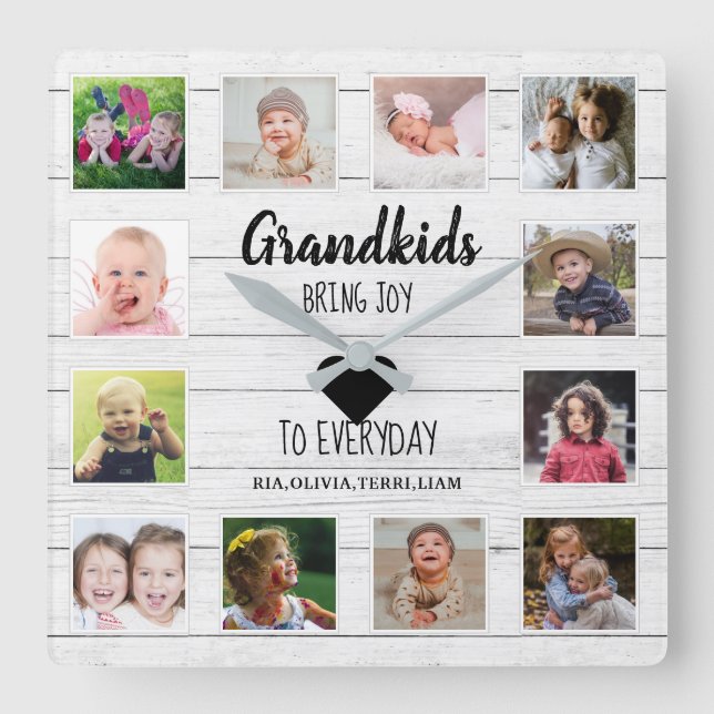 White Wood 12 Photo Collage Grandkids Quote   Square Wall Clock (Front)
